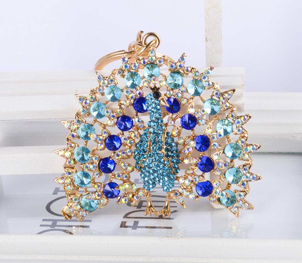 Colorful peacock rhinestone alloy keychain