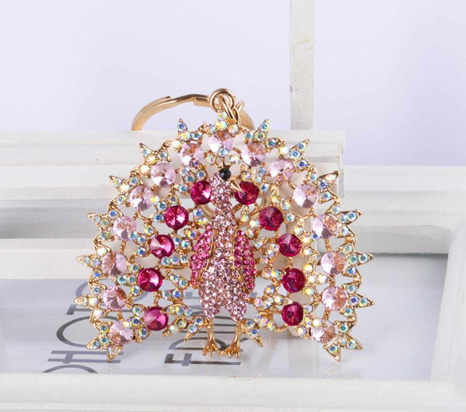 Colorful peacock rhinestone alloy keychain
