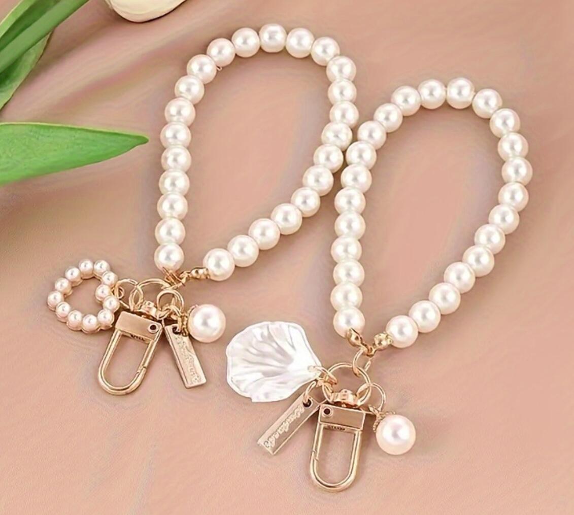 Heart Pearl Bracelet and Shell Keychain