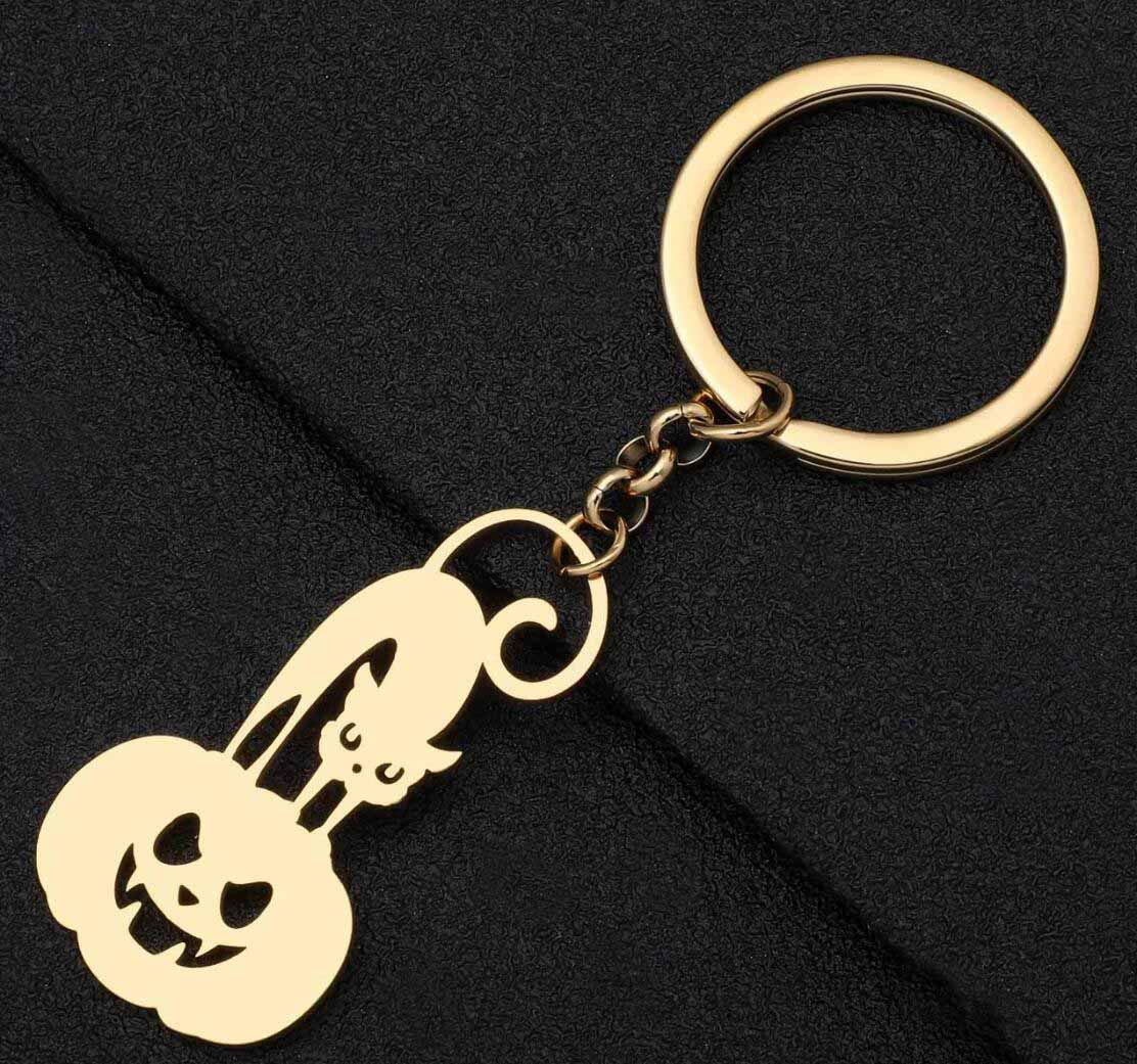 Black Cat Pumpkin Stainless Steel Keychain