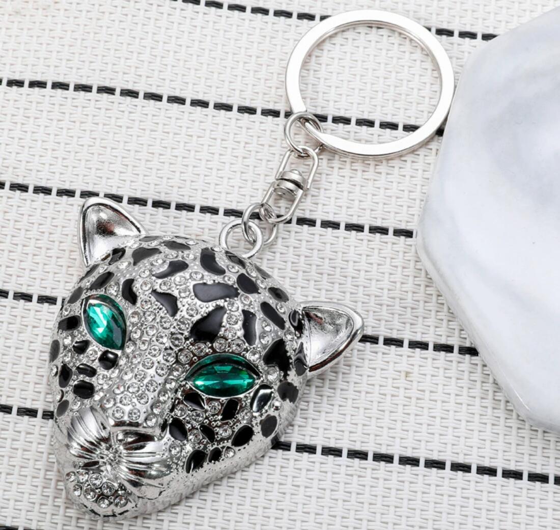 Personalized rhinestone leopard head keychain