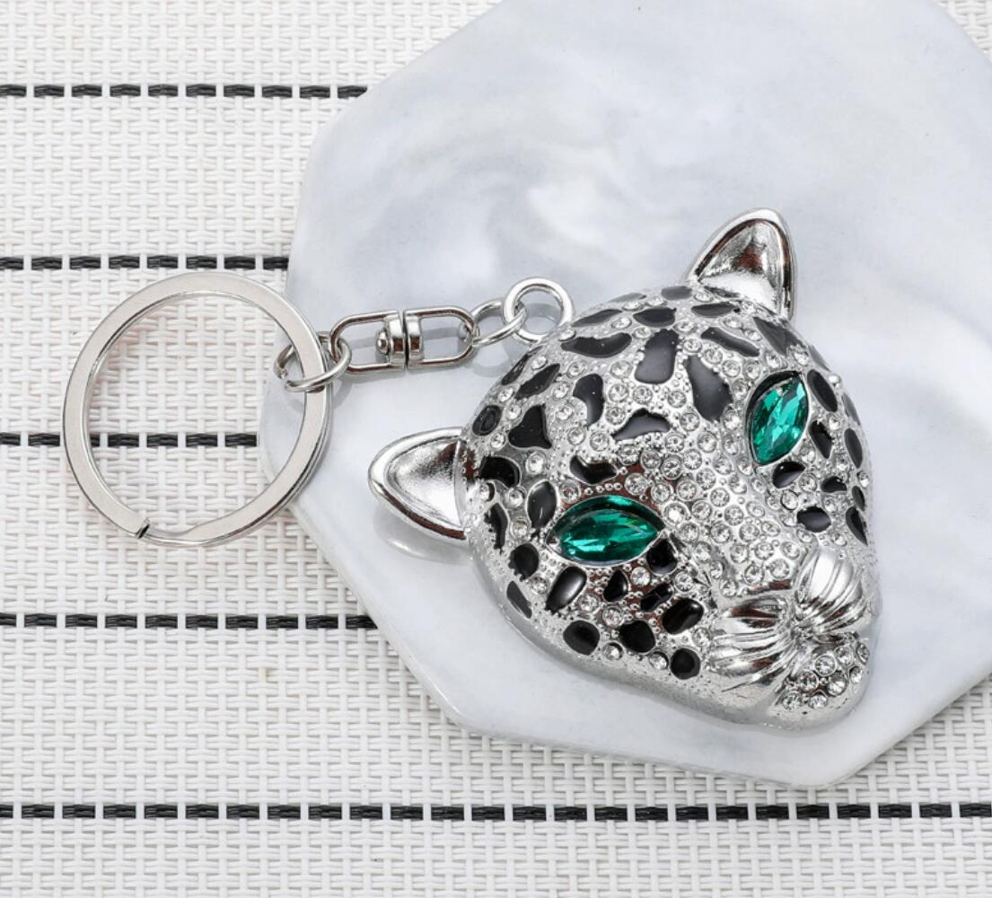 Personalized rhinestone leopard head keychain