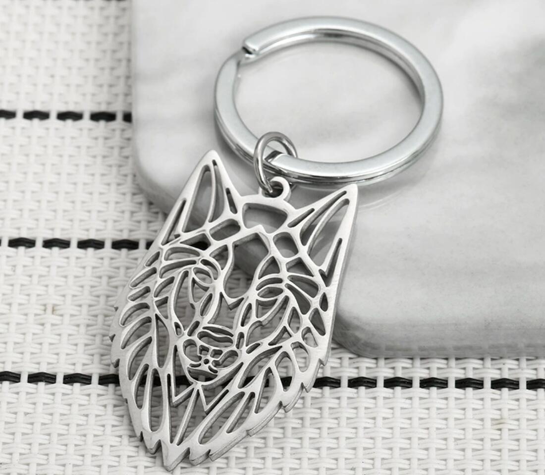 Wolf head hollow stainless steel keychain