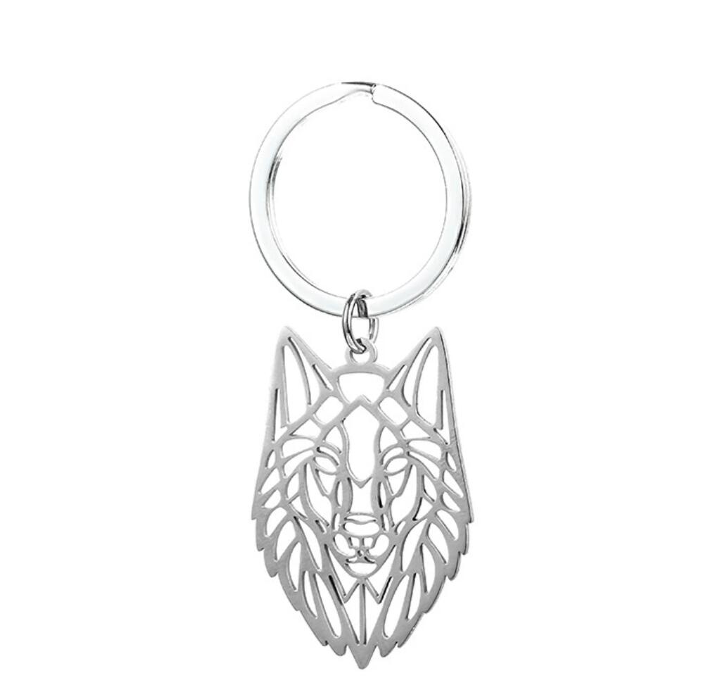 Wolf head hollow stainless steel keychain
