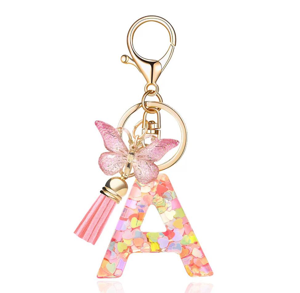 Pink butterfly sequin resin 26-letter keychain