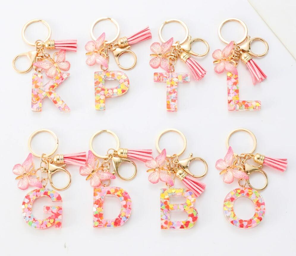 Pink butterfly sequin resin 26-letter keychain