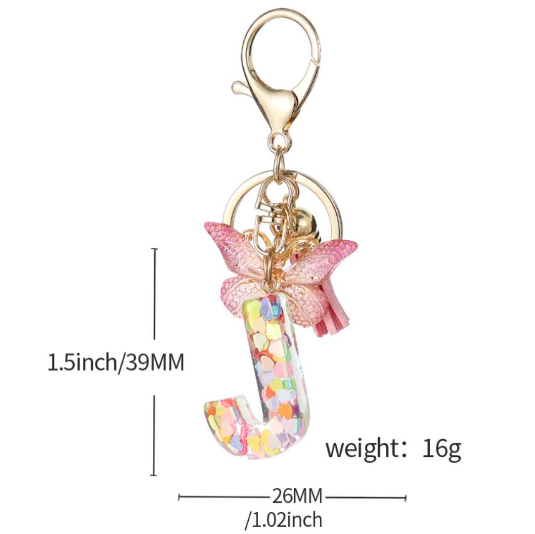 Pink butterfly sequin resin 26-letter keychain