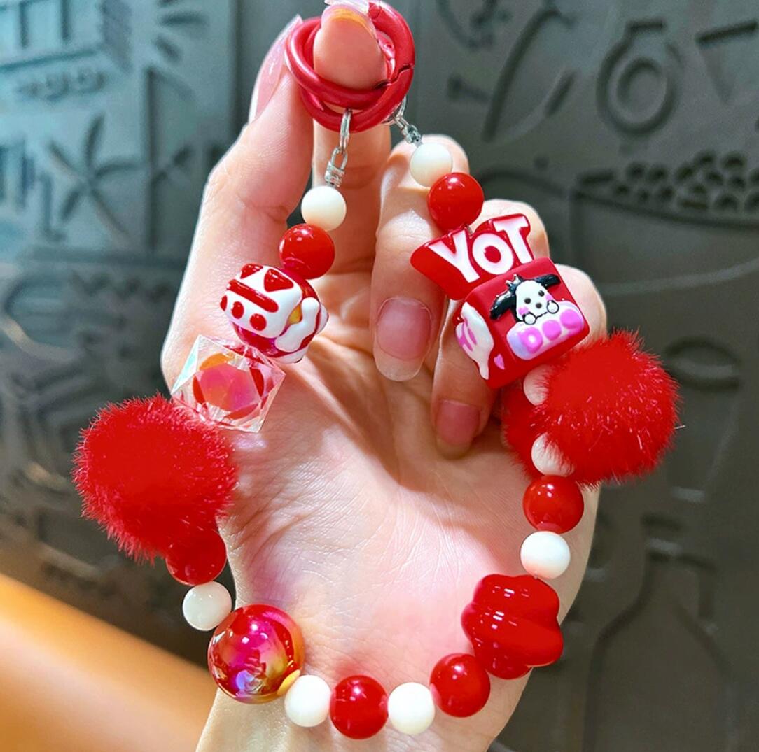 Hand-painted beaded plush keychain