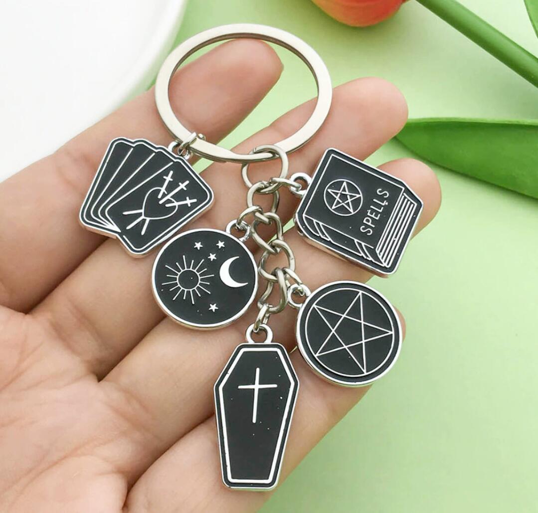 Halloween Black Cross Card Moon Star Alloy Keychain
