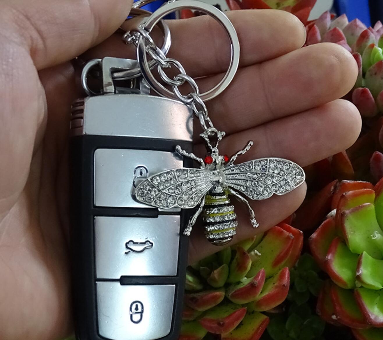 Alloy Rhinestone Bee Keychain